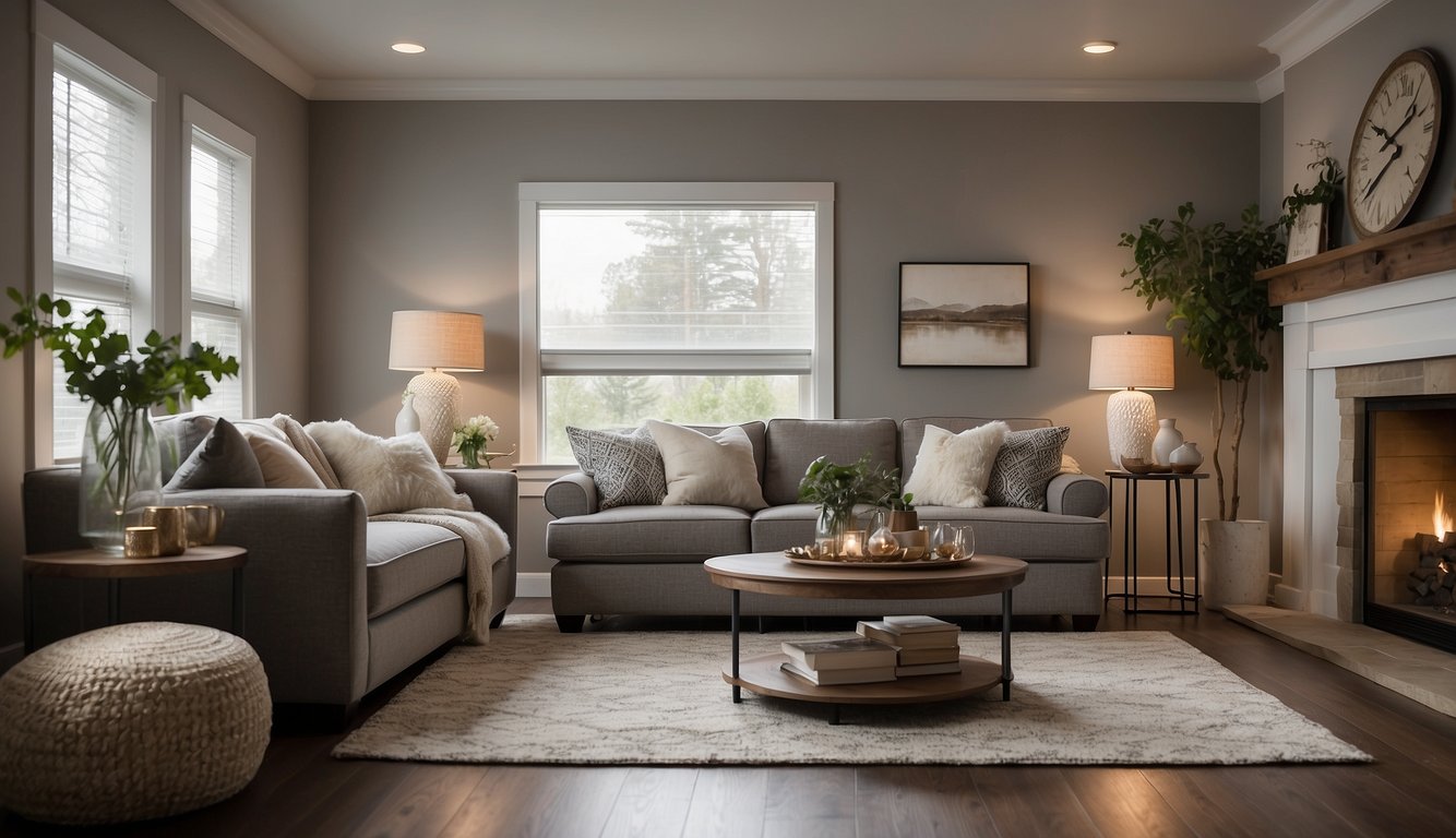 A dimly lit room with Sherwin-Williams Agreeable Gray paint on the walls, creating a cozy and inviting atmosphere