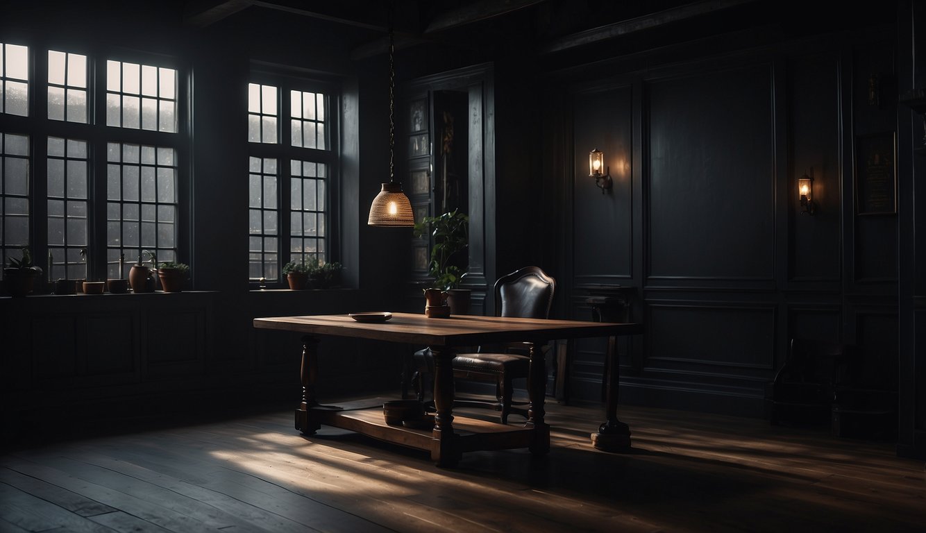 A dimly lit room with Tricorn Black walls, casting a moody ambiance. Light from a single window creates stark contrast, emphasizing the depth and richness of the color