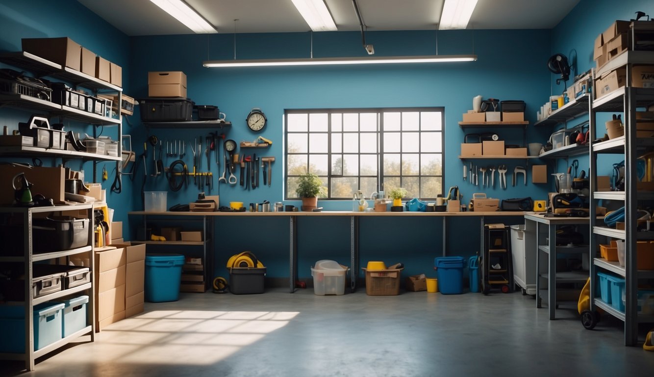 A clean, organized garage with sky blue walls and natural light streaming in through open windows. Tools and equipment neatly arranged on shelves