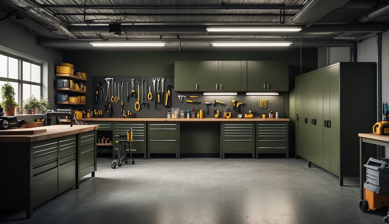 A spacious garage with olive green walls, well-lit and organized, with tools and equipment neatly arranged on shelves and workbenches