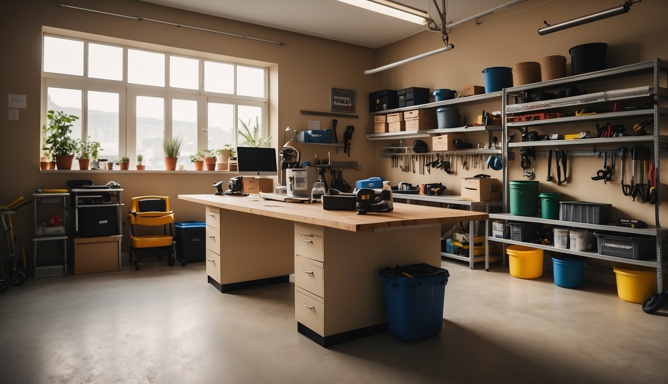 A spacious garage with warm beige walls, neatly organized tools, and a clean, well-lit workspace