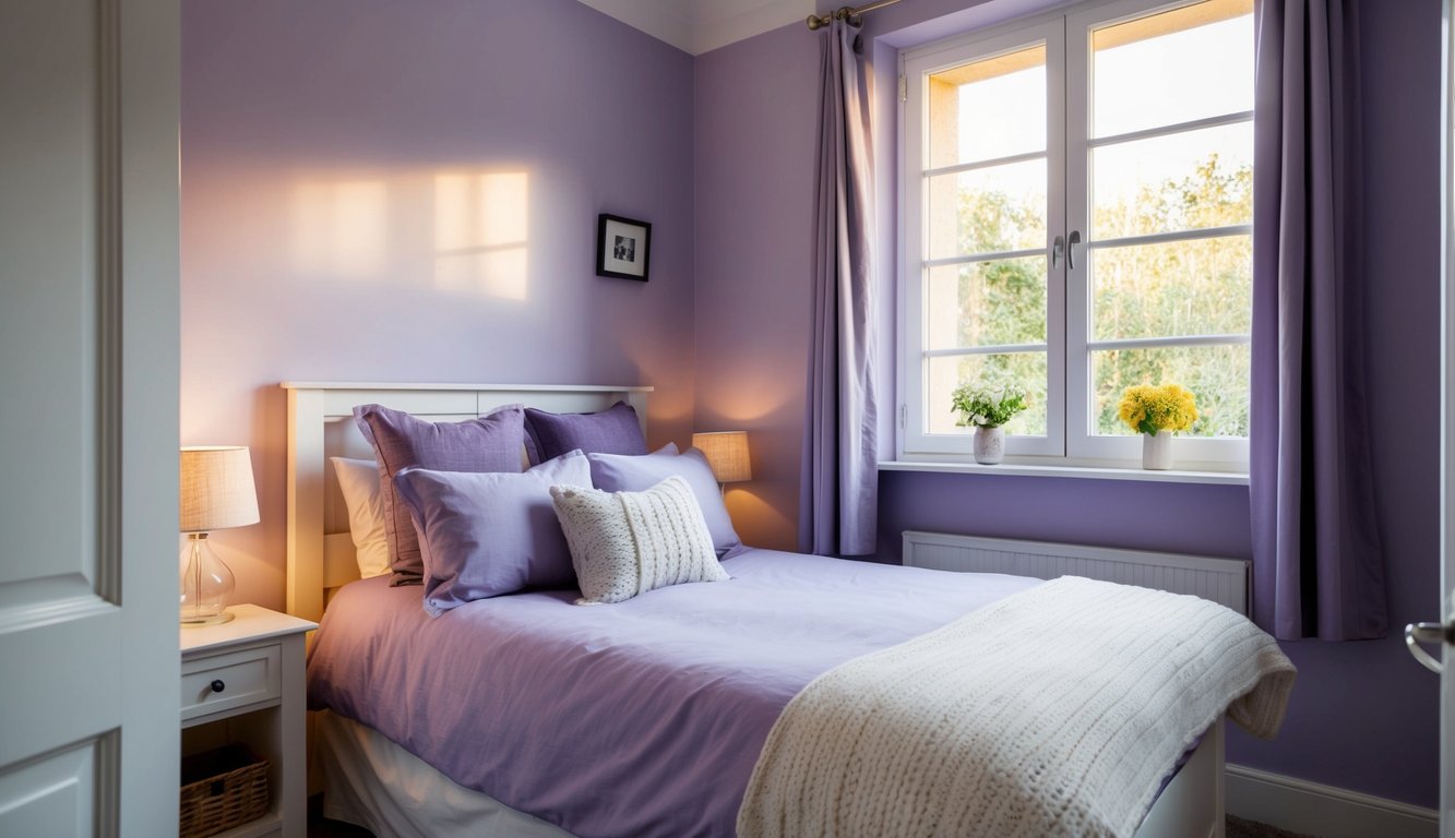 A cozy small bedroom painted in soft lavender, with sunlight streaming through the window, casting a warm glow on the walls