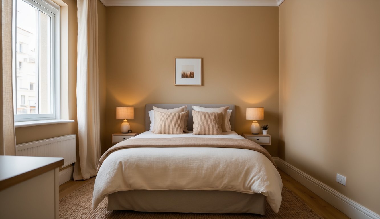 A cozy small bedroom painted in warm beige 11, with soft lighting and minimal furniture