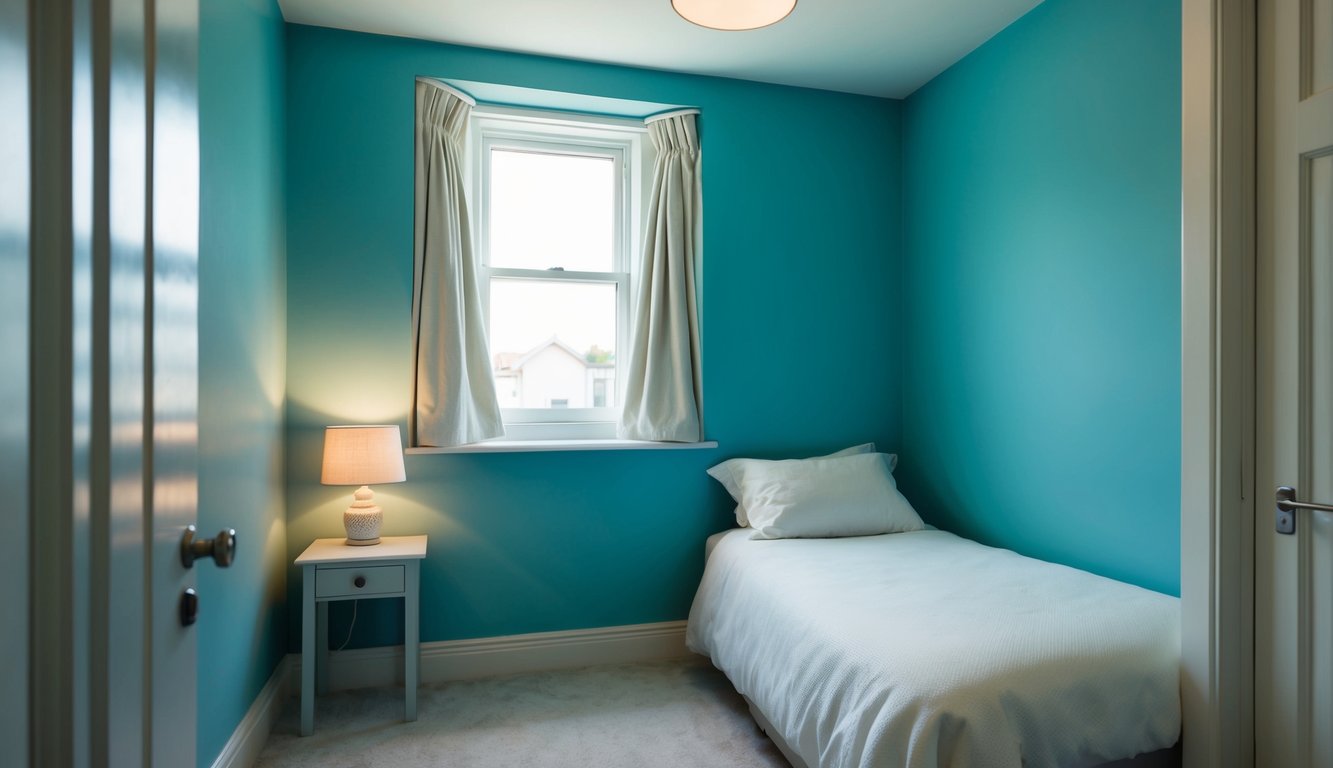 A small bedroom with pale blue walls, cozy and serene. A single bed with soft white bedding, a small nightstand with a lamp, and a window with billowing curtains