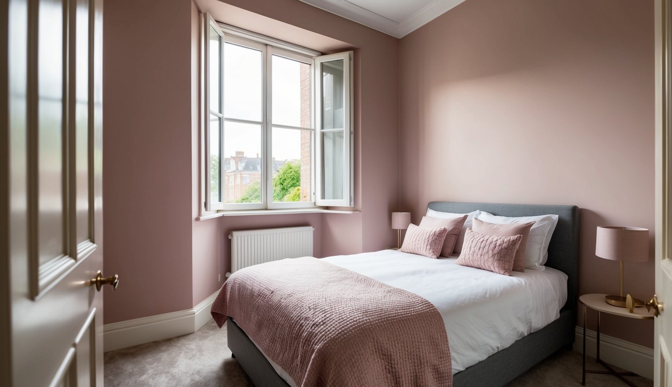 A small bedroom with soft, muted pink walls and natural light streaming in through a window