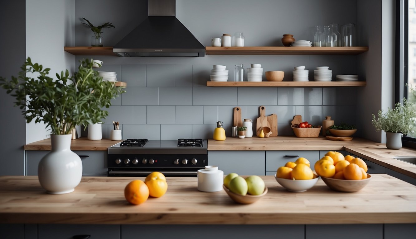 A small kitchen with light gray walls, bright and airy, with pops of color from the cabinets and accessories