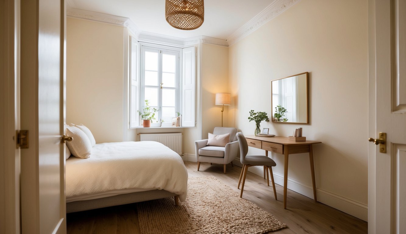 A cozy small bedroom with creamy white walls, soft lighting, and minimal furniture