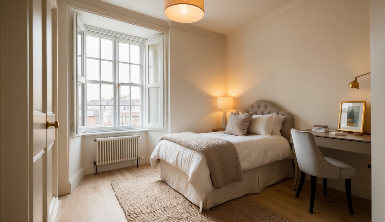 A cozy small bedroom with soft off-white walls and warm natural light streaming in through a large window. A comfortable bed with plush bedding and a small desk with a stylish chair completes the space