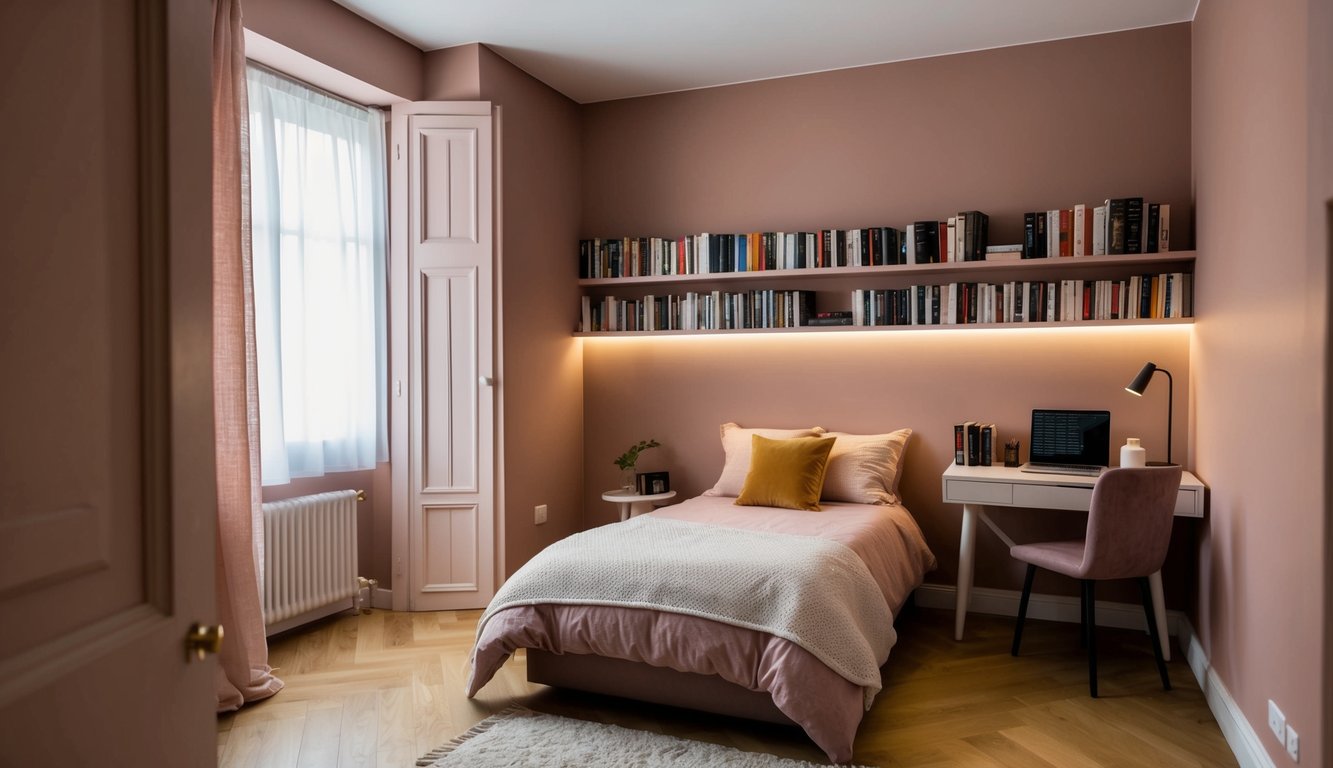 A small bedroom with dusty rose walls, soft lighting, and cozy bedding. A bookshelf filled with books and a small desk with a chair in the corner