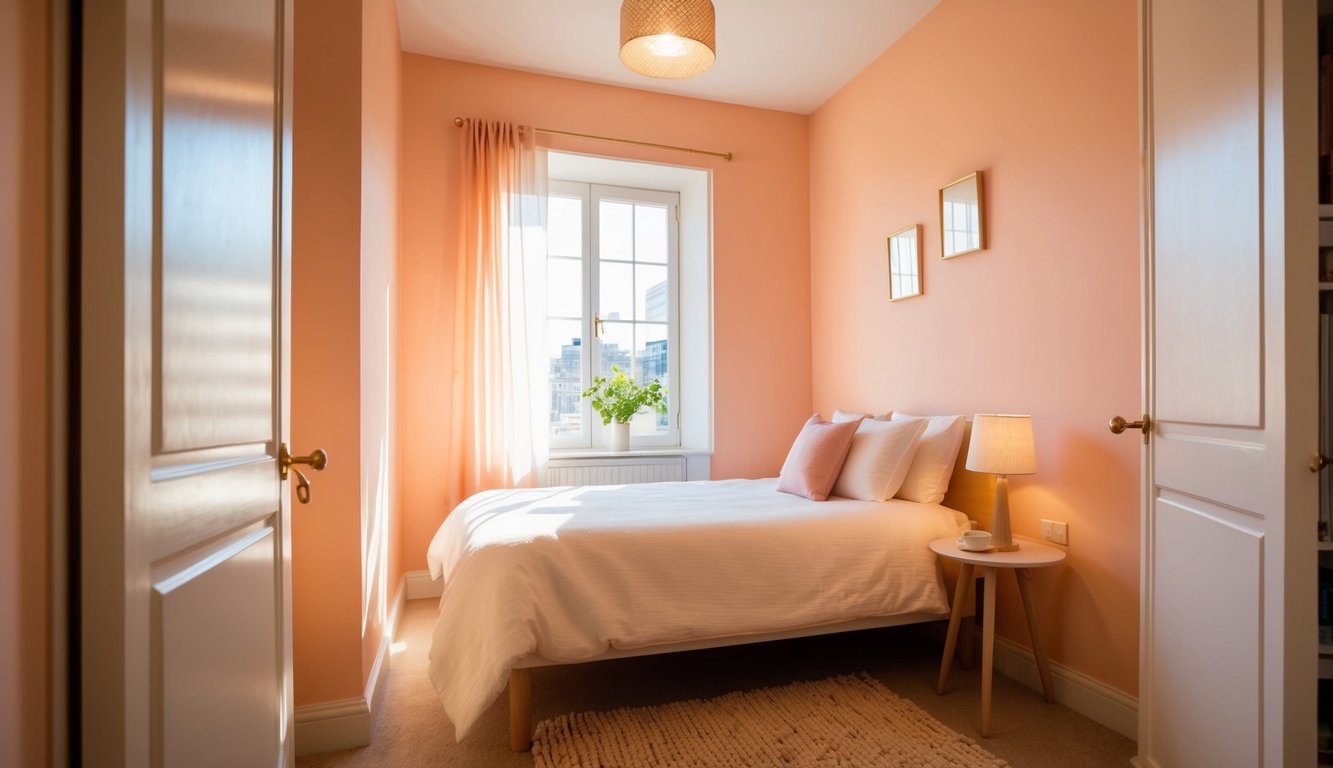 A cozy small bedroom with soft peach walls, a warm and inviting atmosphere, with sunlight streaming through the window