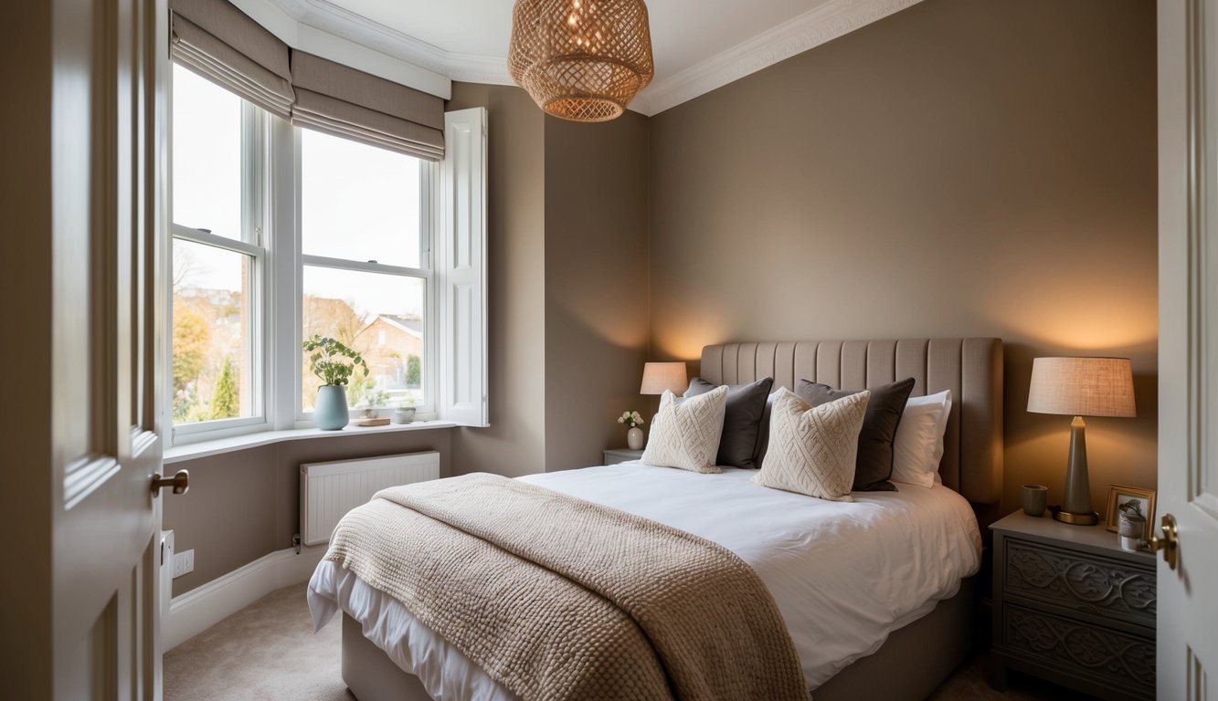 A cozy small bedroom with cool green walls, soft lighting, and minimal decor