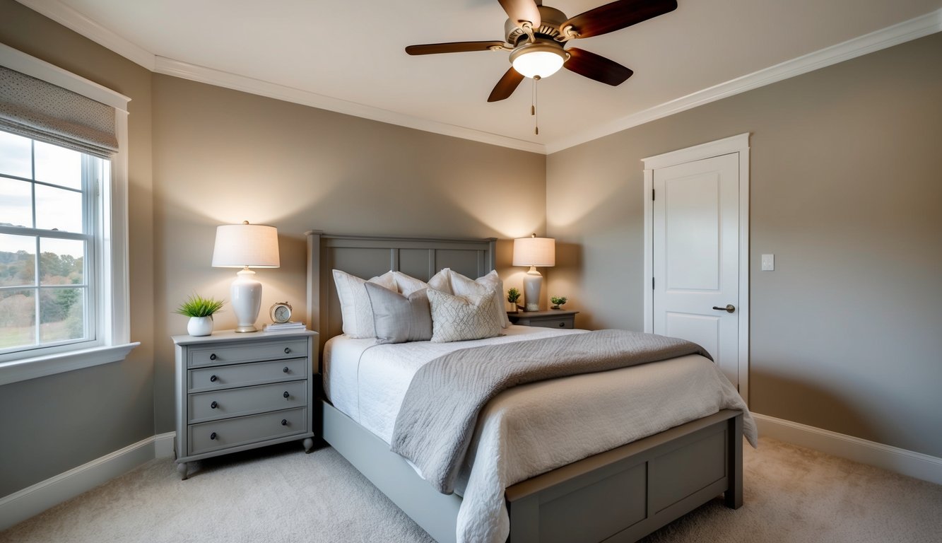 A cozy master bedroom painted in Revere Pewter by Benjamin Moore, with soft lighting and a neutral color palette