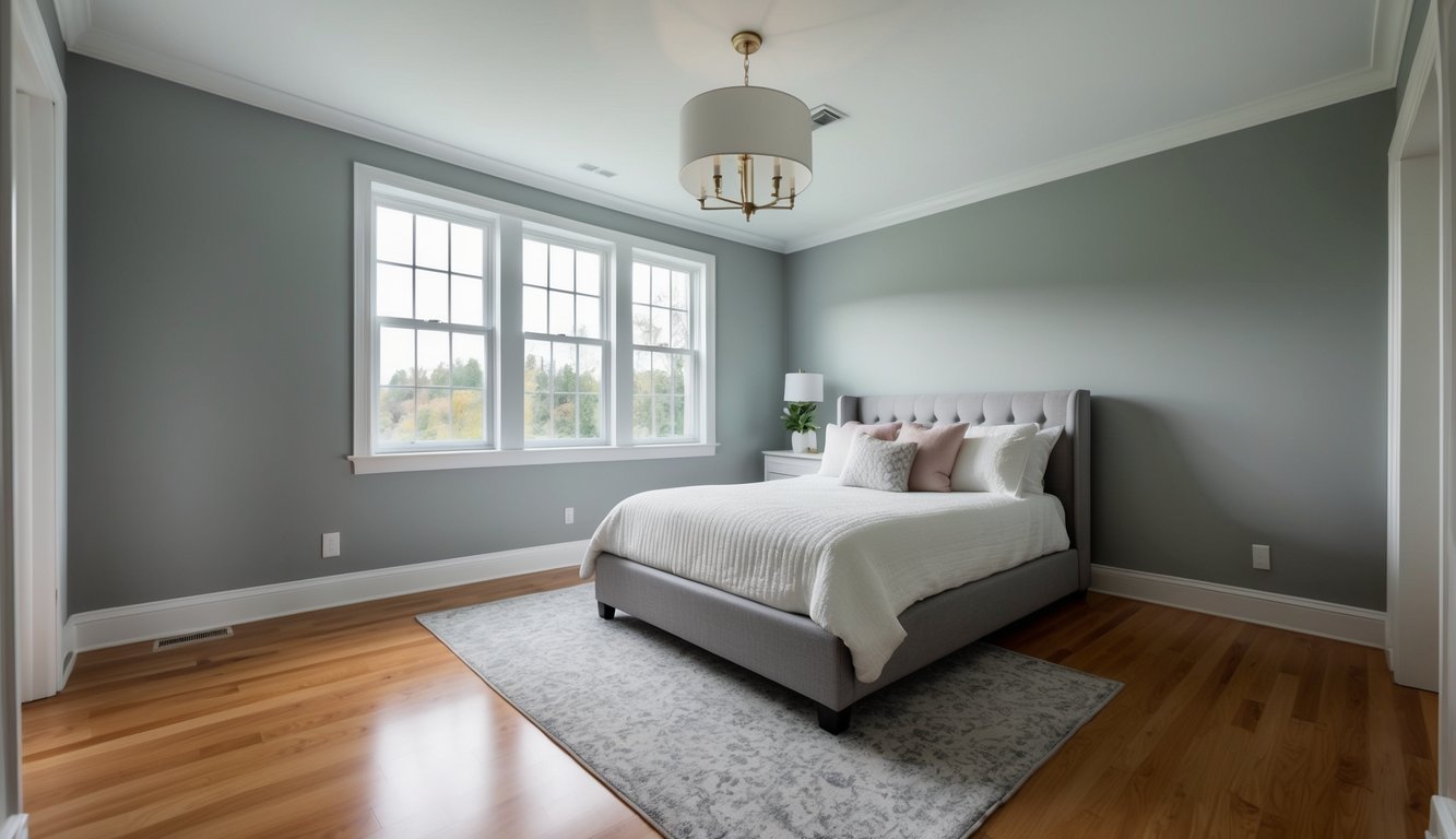 A serene master bedroom with Agreeable Gray walls, soft white trim, and warm wood floors. The room is filled with natural light, casting a peaceful and inviting ambiance