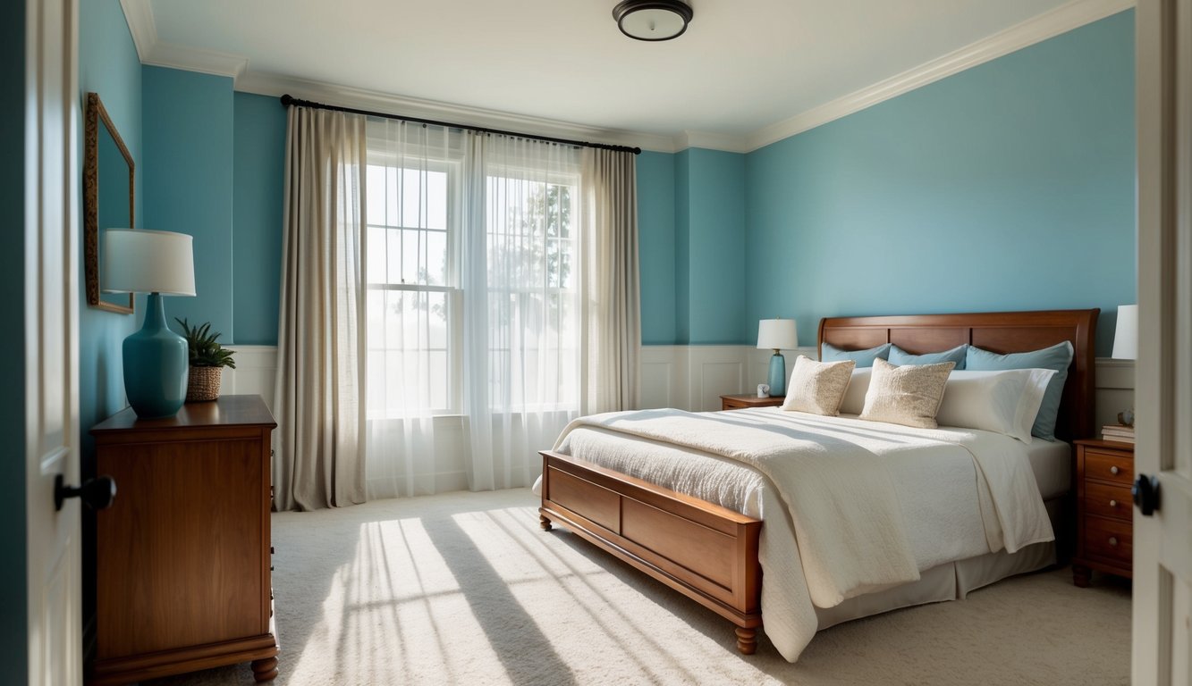 A serene, spacious master bedroom with soft blue walls, warm wood furniture, and cozy white bedding. Sunlight filters in through sheer curtains, casting a gentle glow over the room