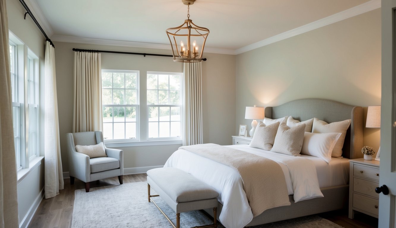 A serene master bedroom painted in Alabaster by Sherwin Williams, with soft lighting and cozy furnishings, creating a tranquil and inviting atmosphere