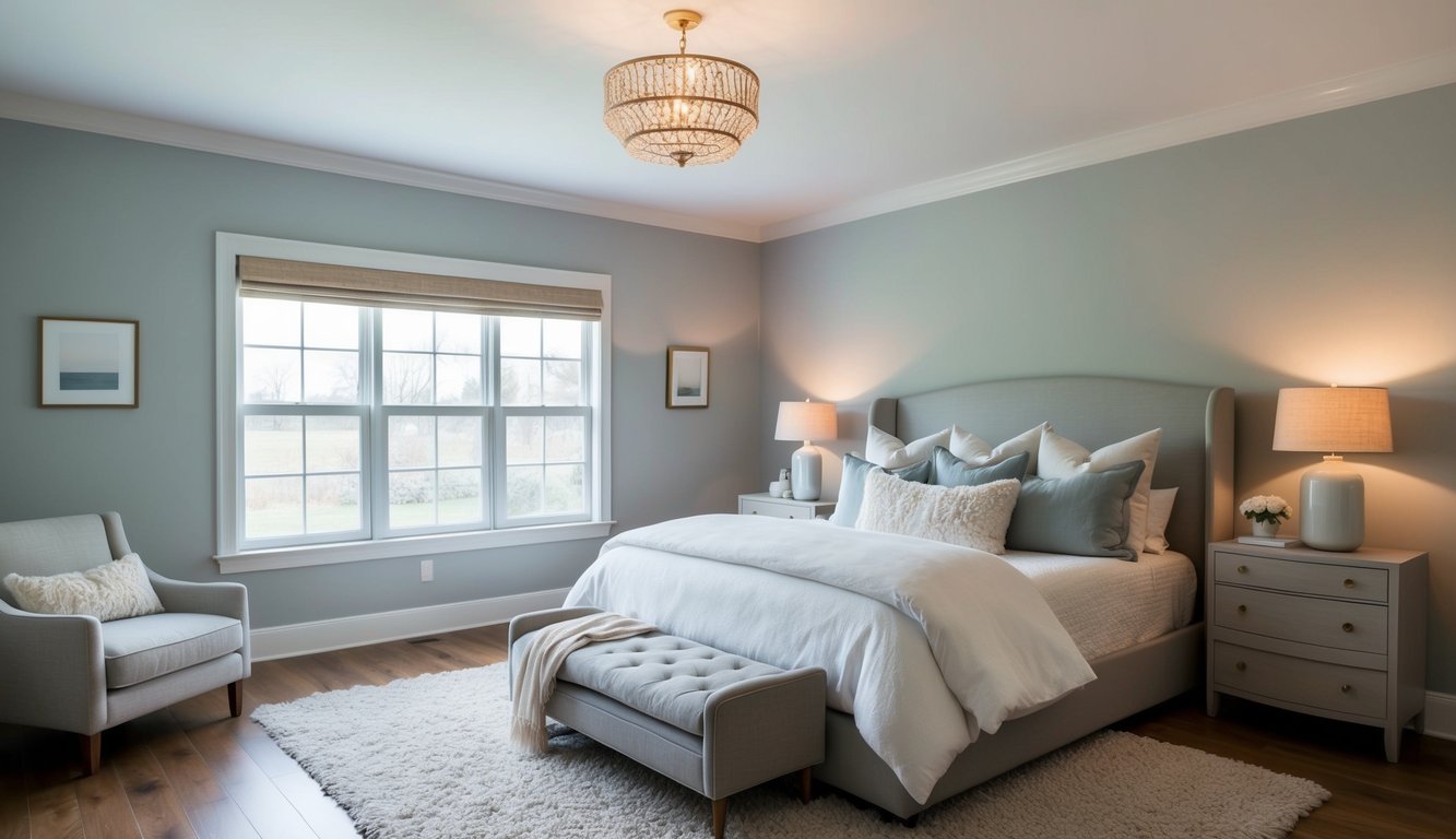 A serene master bedroom with soft, pale gray walls painted in Balboa Mist by Benjamin Moore. Cozy bedding, a plush rug, and warm lighting create a tranquil atmosphere