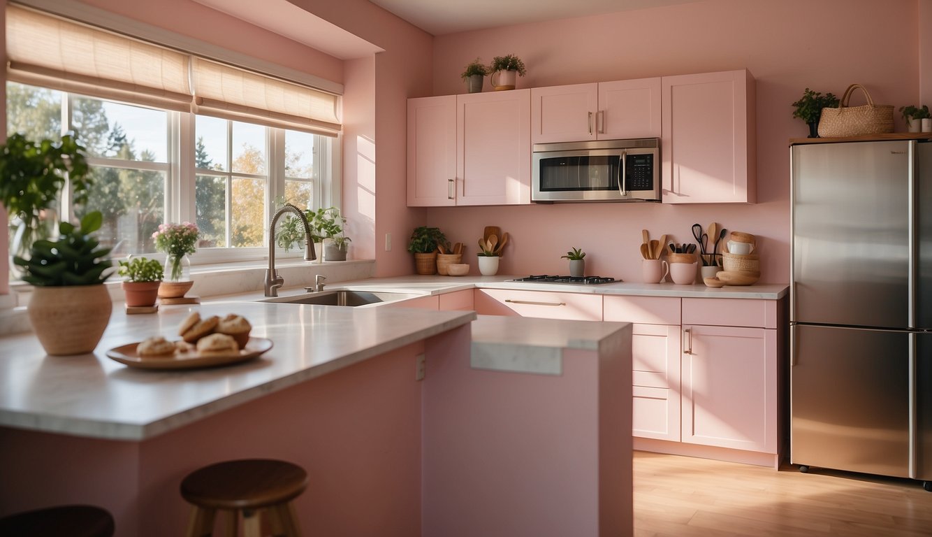 A small kitchen with blush pink walls, white cabinets, and stainless steel appliances. Natural light streams in through a window, illuminating the cozy space