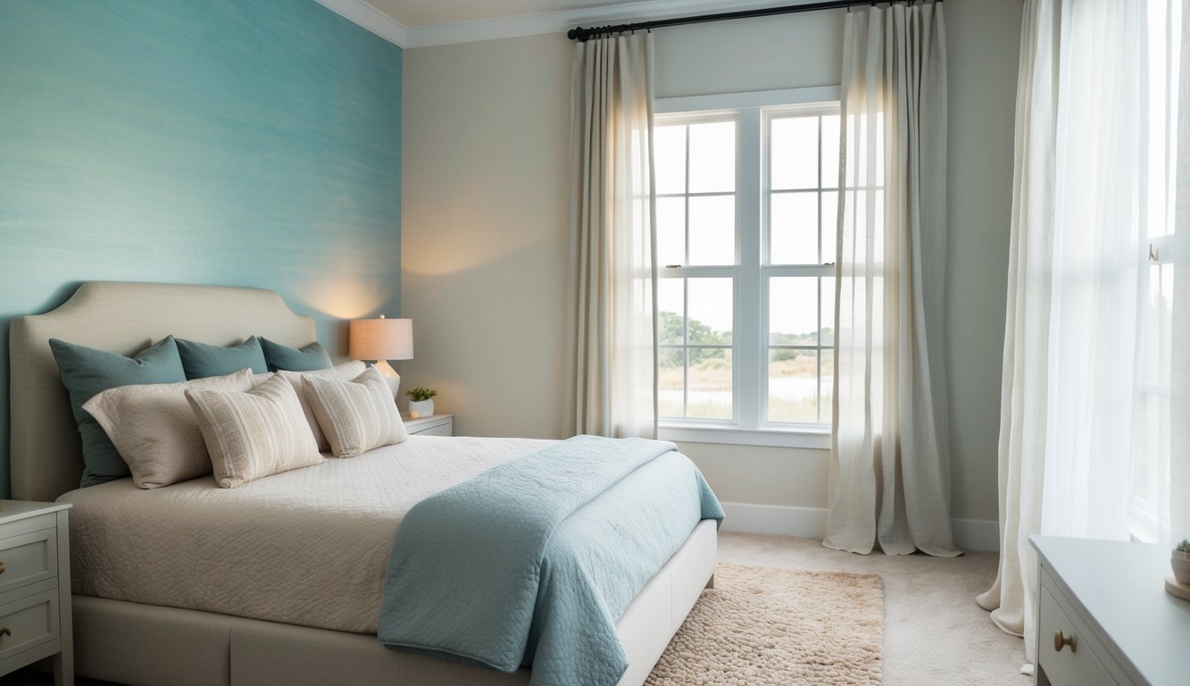 A serene master bedroom with Sea Salt paint on the walls. Soft, natural light filters in through sheer curtains, casting a gentle glow on the neutral-toned furniture and cozy bedding