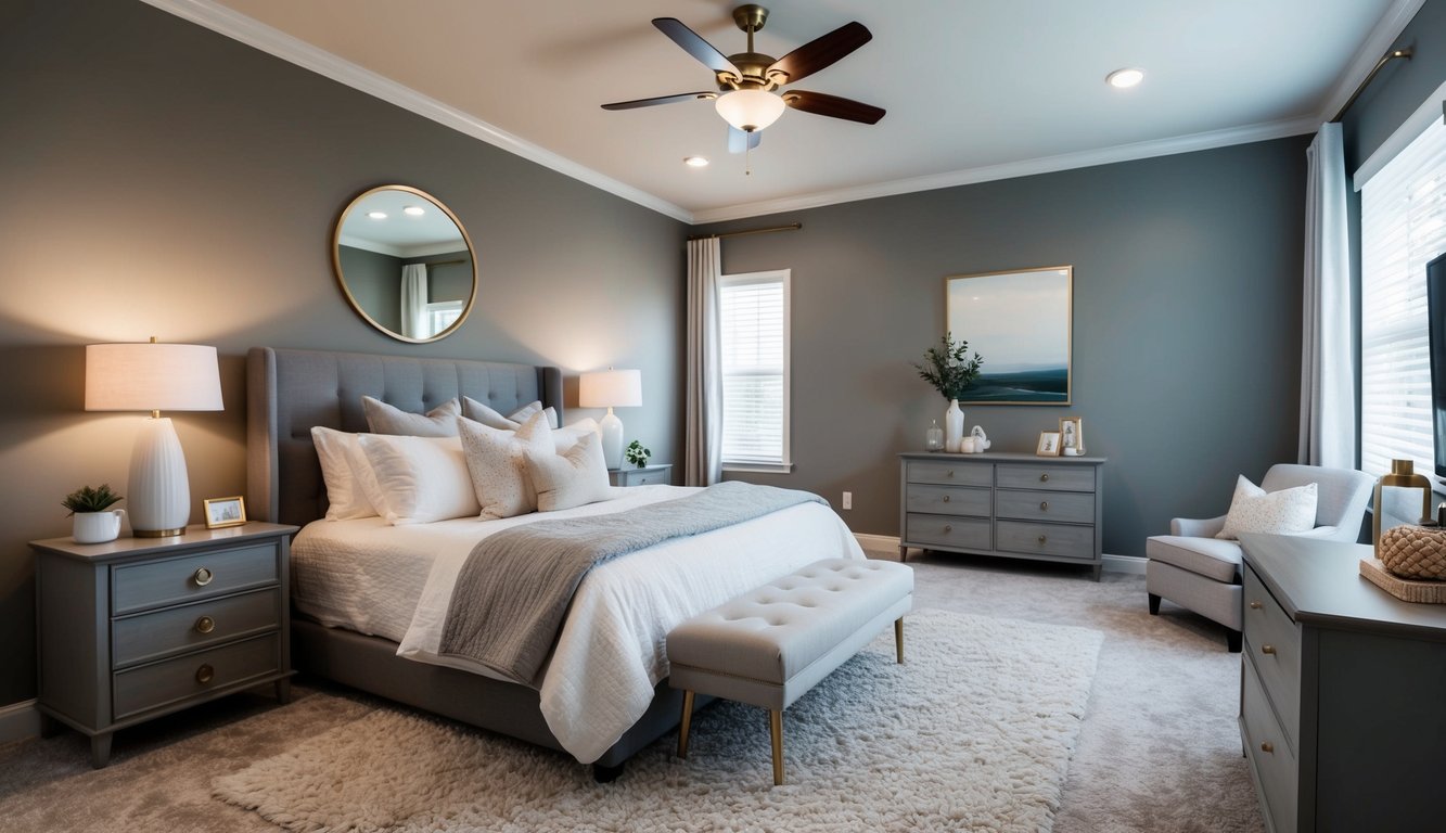 A serene master bedroom with Comfort Gray walls, soft lighting, and cozy bedding