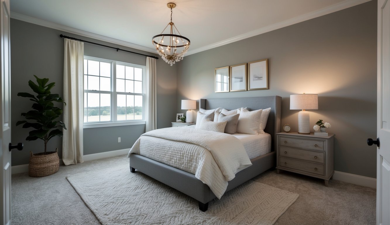 A serene master bedroom with Stonington Gray walls, soft lighting, and neutral decor