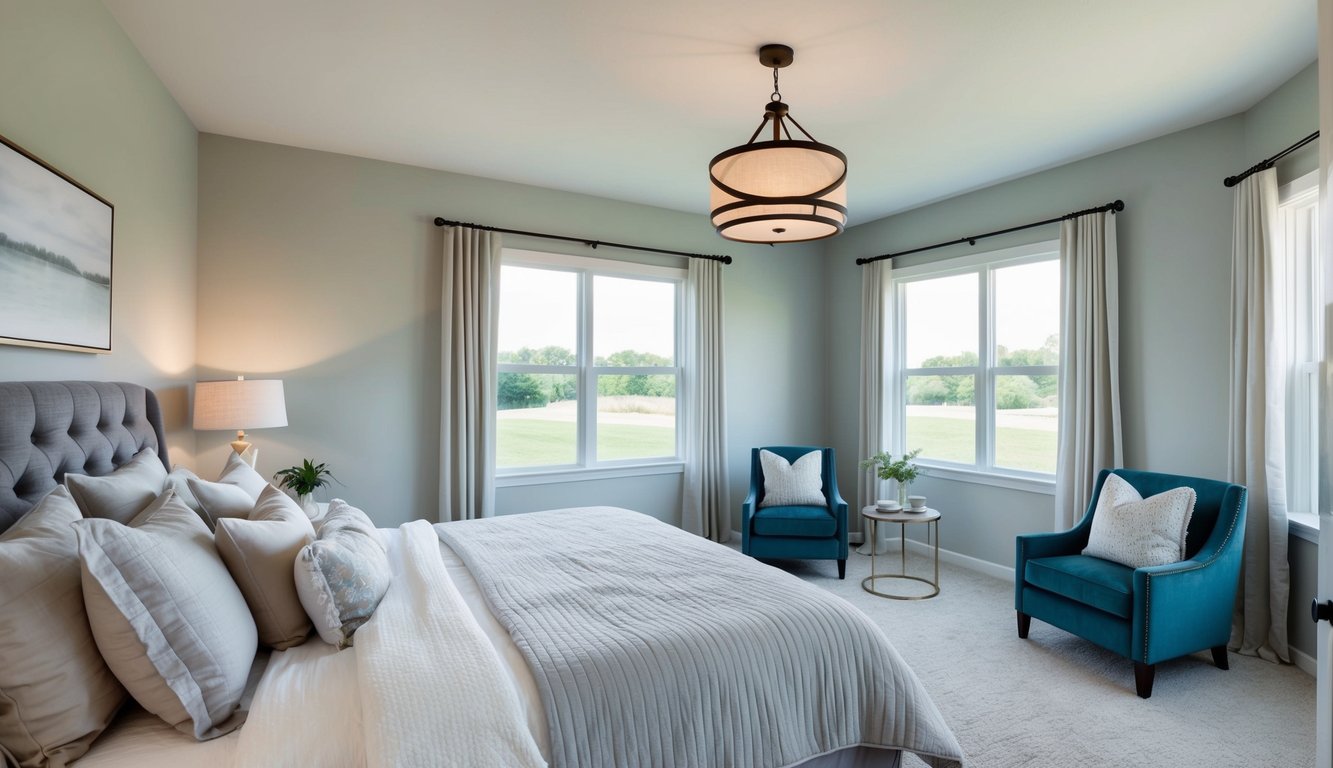 A serene master bedroom painted in Silver Strand by Sherwin Williams, with cozy bedding, soft lighting, and a peaceful atmosphere