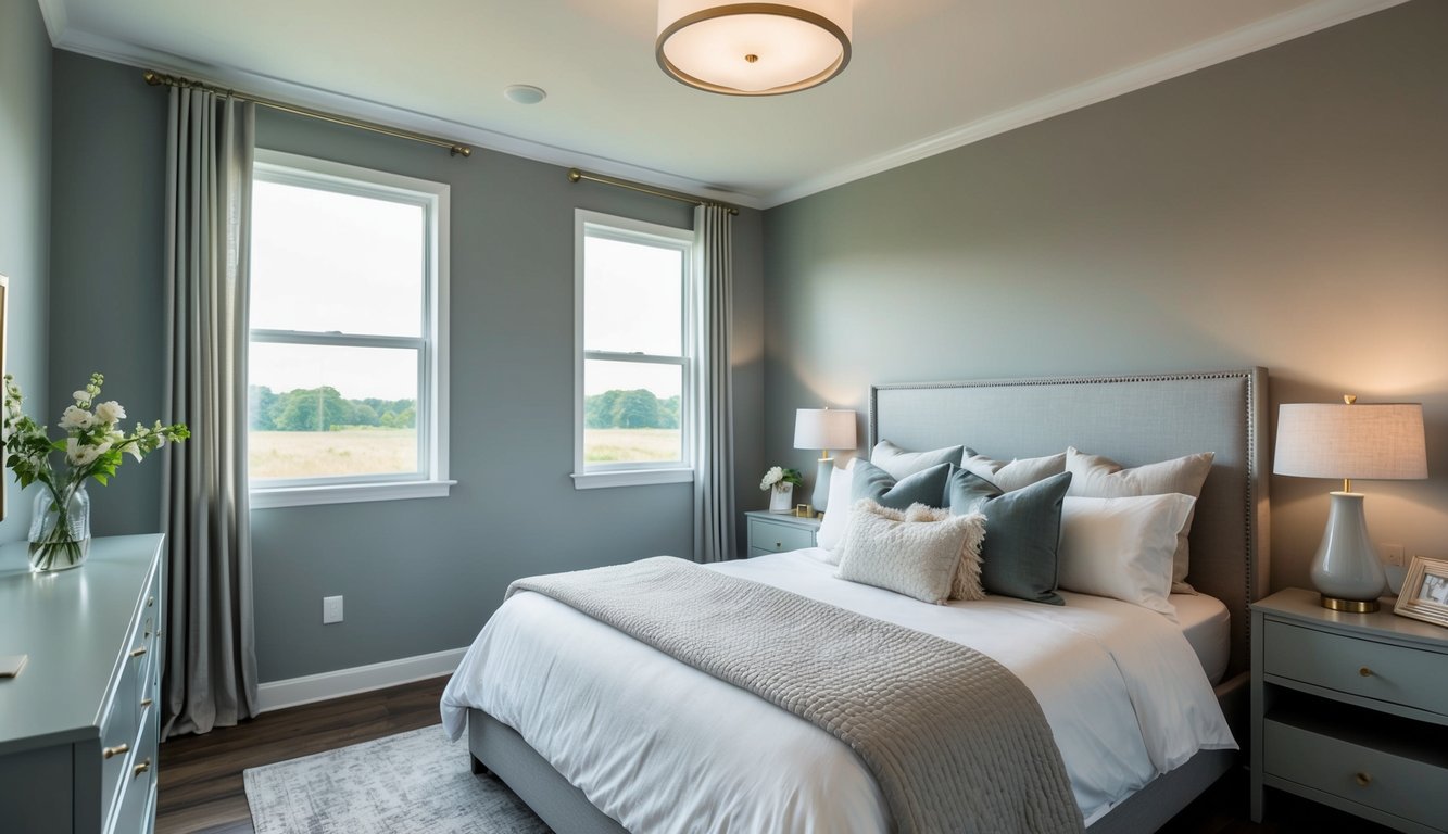 A serene master bedroom with Anew Gray walls, accented by soft lighting and cozy bedding