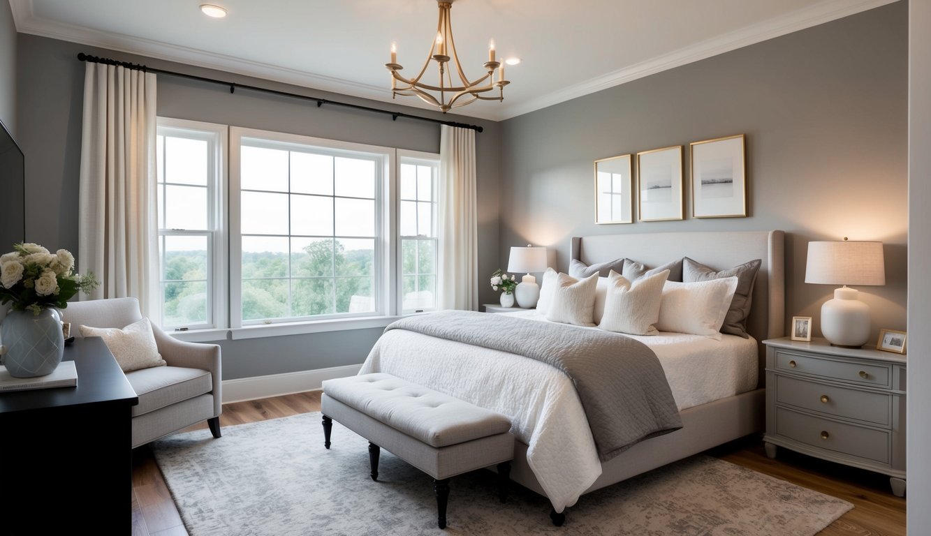 A cozy master bedroom painted in Classic Gray by Benjamin Moore. Soft, neutral tones create a serene and elegant atmosphere