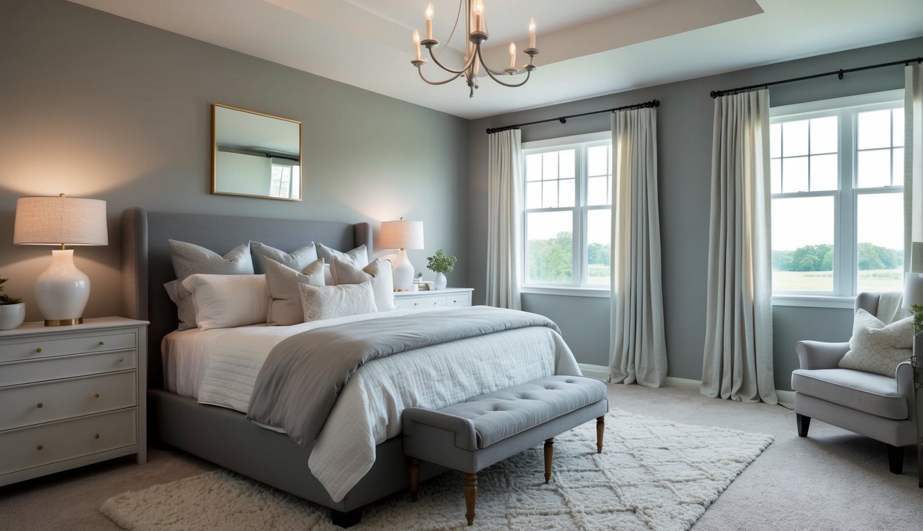 A serene master bedroom painted in Gray Owl by Benjamin Moore, with soft lighting and cozy bedding, creating a calming and elegant atmosphere