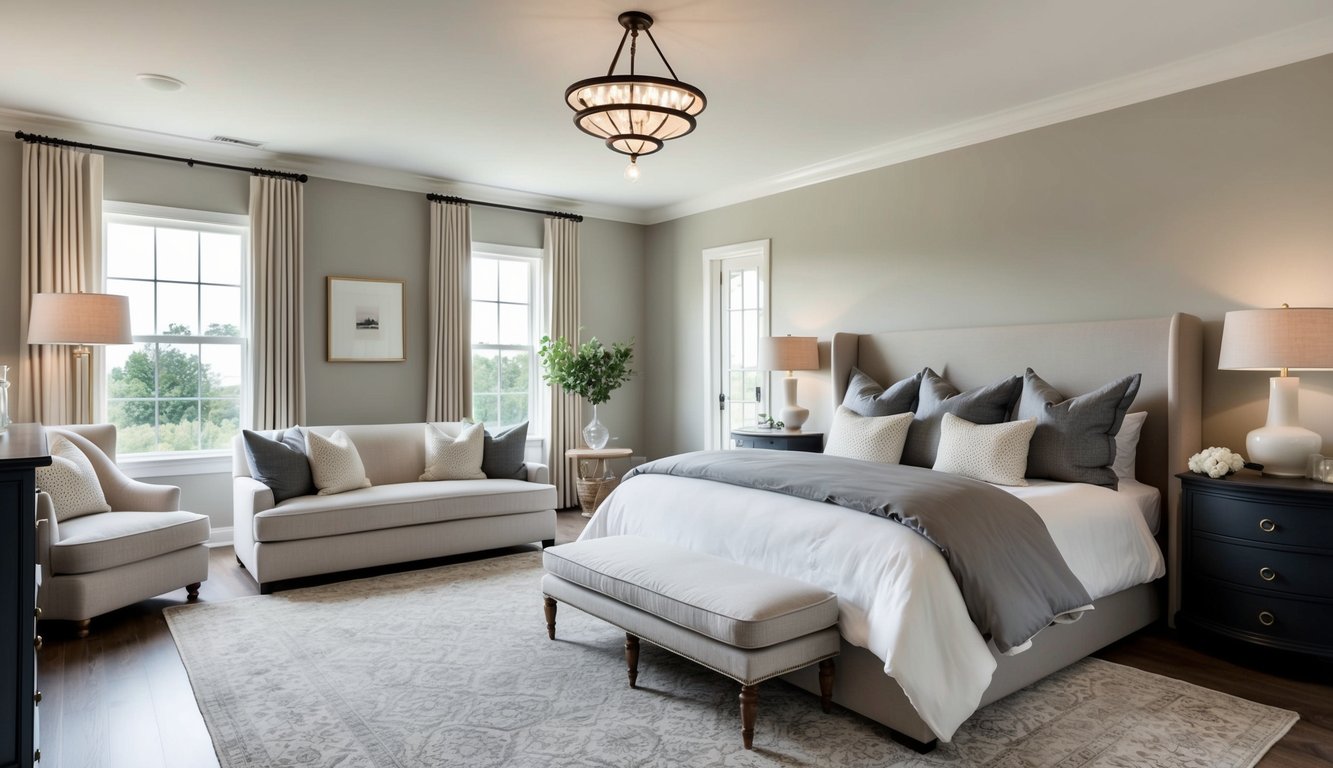 A cozy, spacious master bedroom with soft, neutral walls painted in Edgecomb Gray by Benjamin Moore. The room is elegantly furnished with a large, comfortable bed and luxurious linens