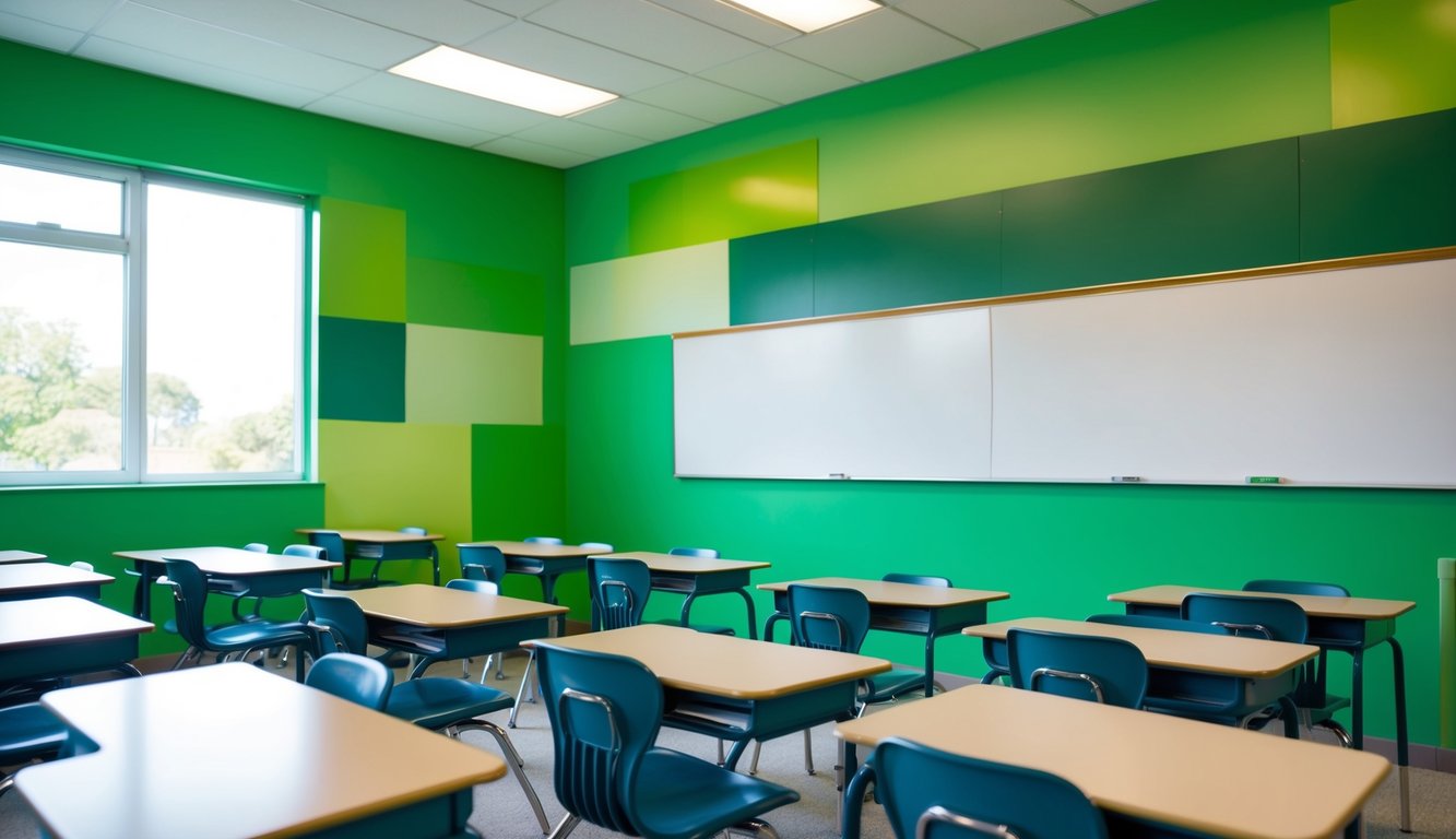 A classroom with bright green walls and a focus on the color green. Various shades and tones of green are displayed on the walls, creating a calming and inviting atmosphere for learning