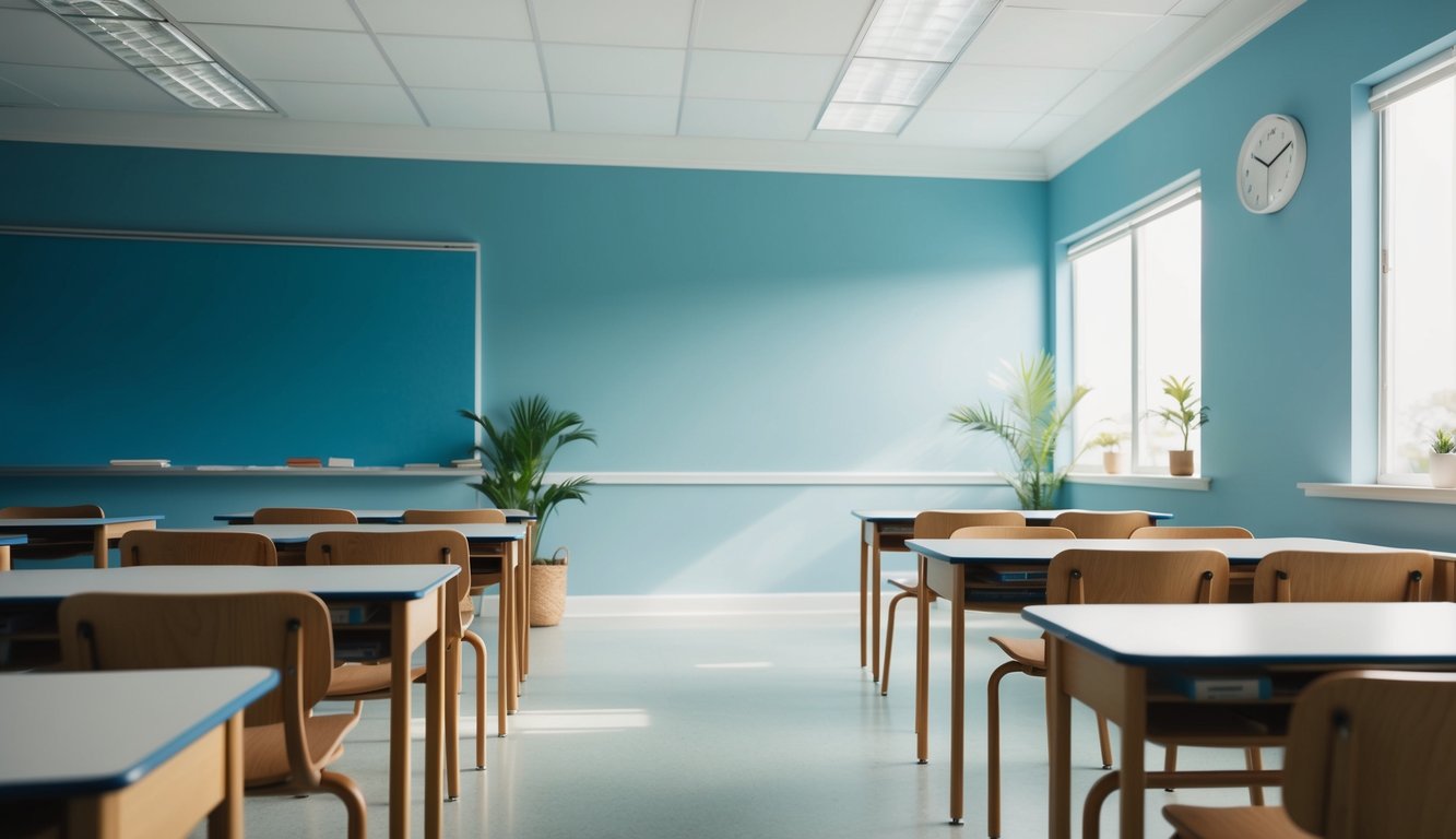 A serene classroom with sky blue walls, soft natural light, and minimalistic decor