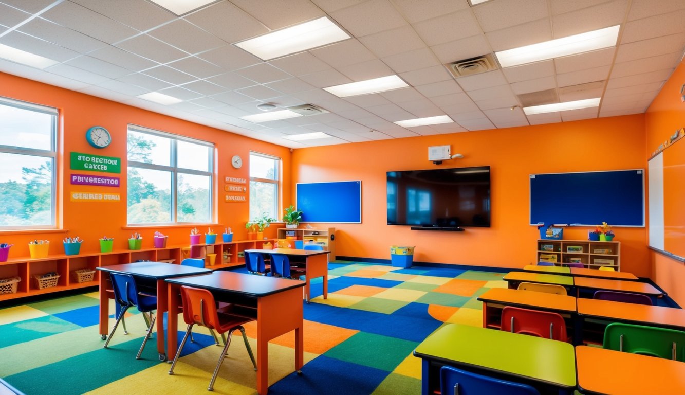 A bright, energetic orange classroom with colorful walls and vibrant decor. The space is filled with natural light and has a welcoming, lively atmosphere