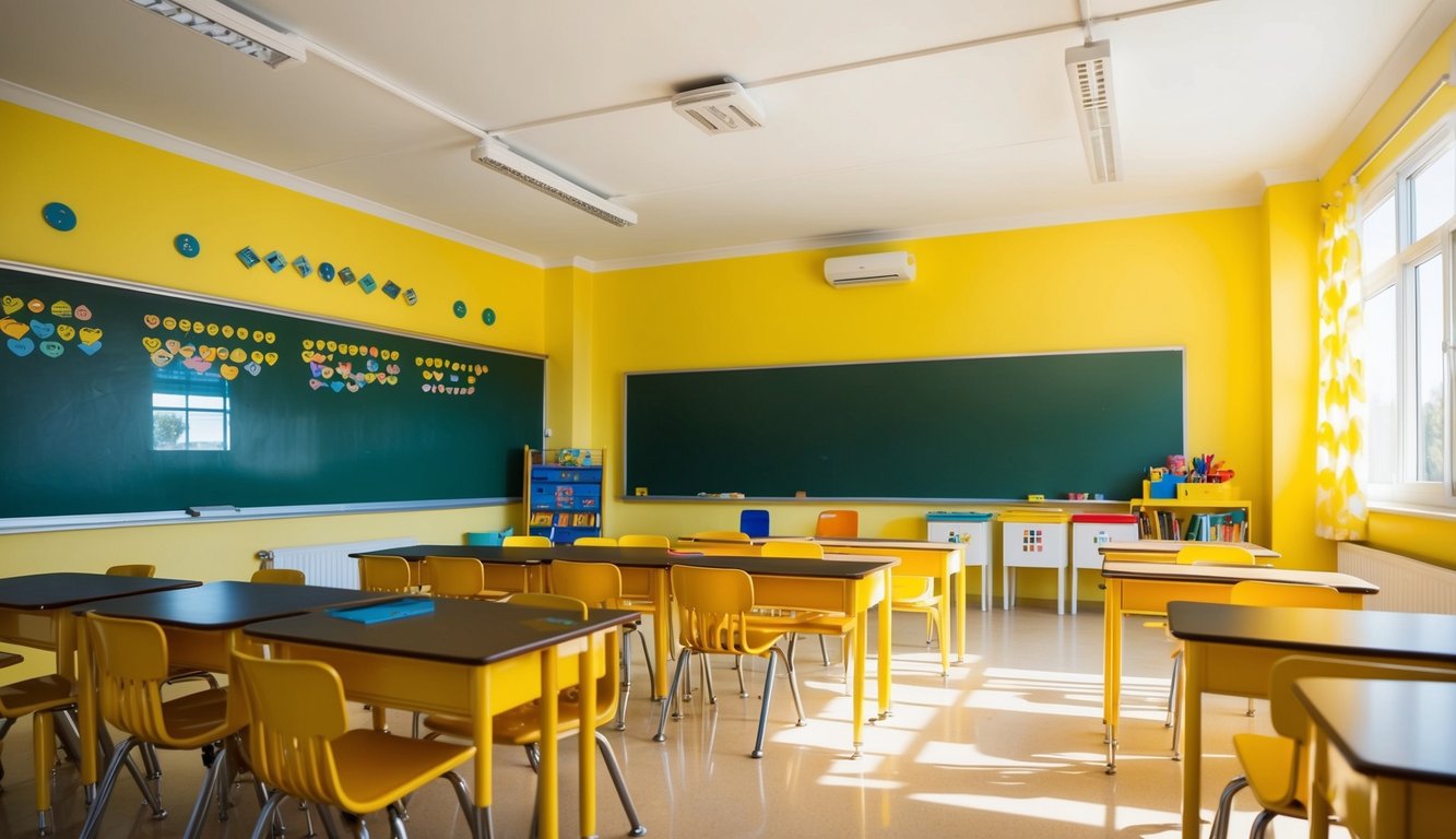 A bright, sunlit classroom with yellow walls and colorful decor. Windows allow natural light to flood the space, creating a warm and inviting atmosphere