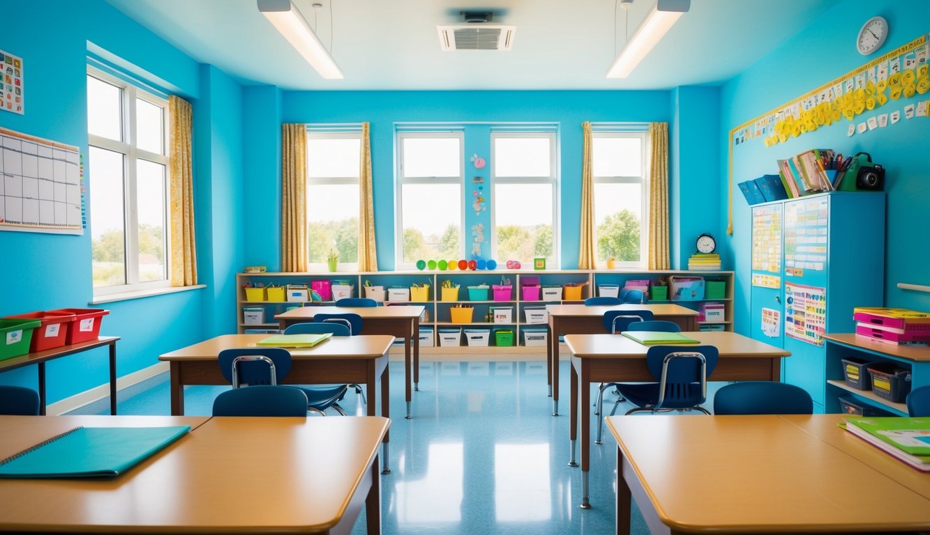 A bright, spacious classroom with sky blue walls, filled with colorful educational materials and a warm, inviting atmosphere