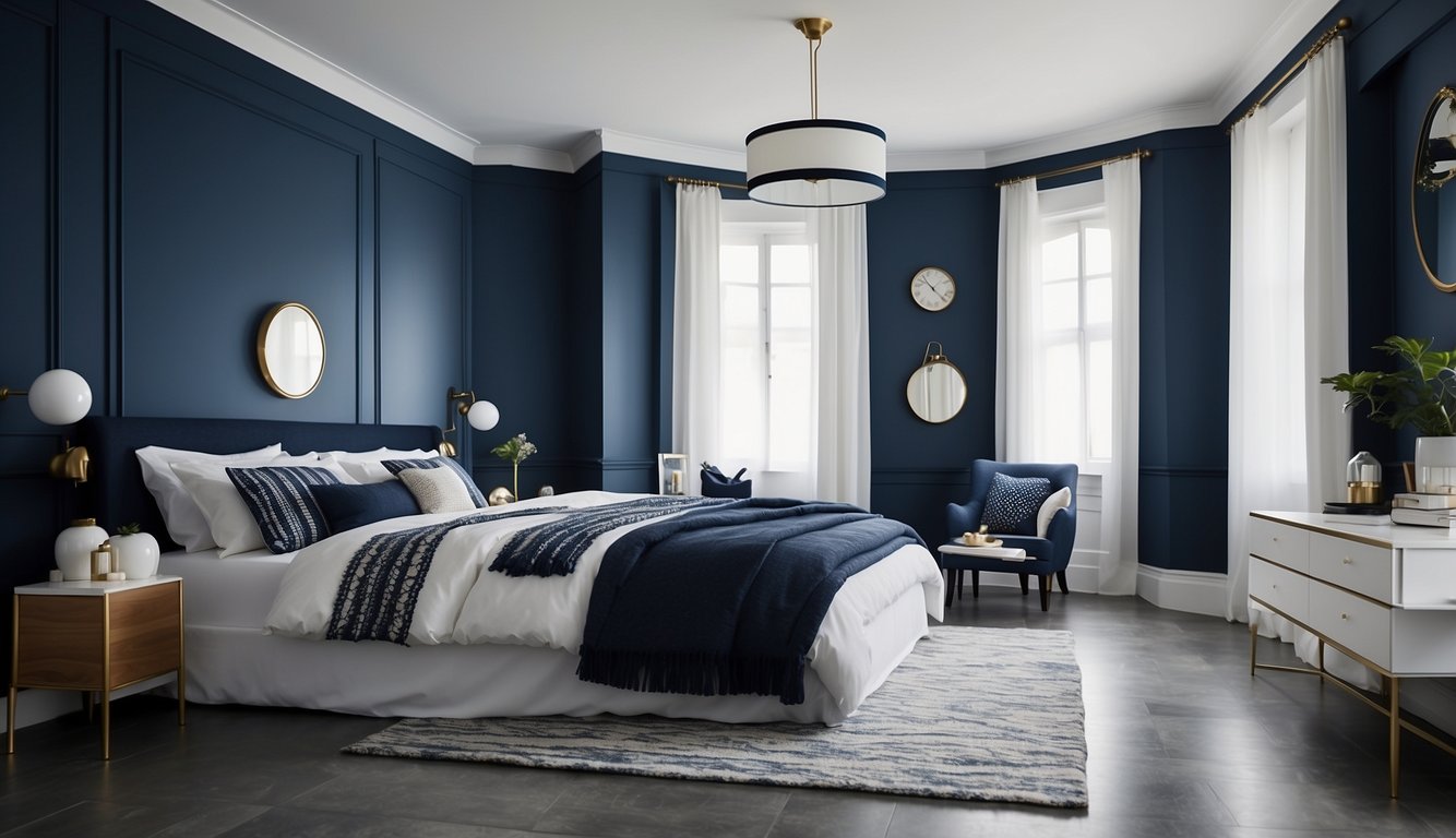 A room with navy blue and white two-tone walls, contrasting yet harmonious. The navy blue covers the bottom half, while the top half is painted in a crisp, clean white. The colors create a sense of depth and modern elegance