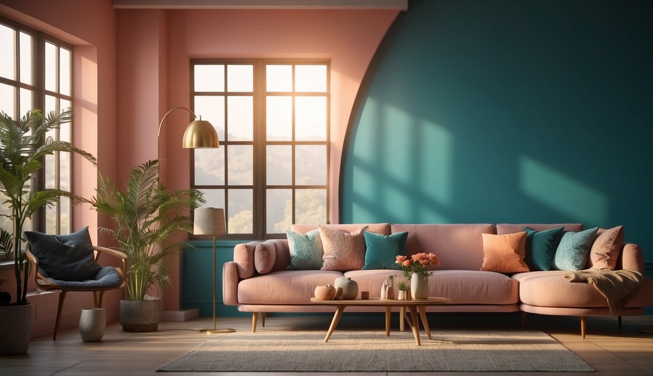 A room with coral and teal walls, contrasting yet complementary. Light streams in through the window, casting a warm glow on the two-toned paint