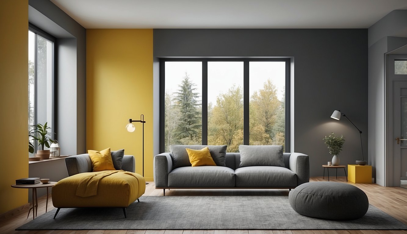 A room with gray and yellow walls, contrasting in a two-tone paint design. Light filters in, highlighting the color scheme