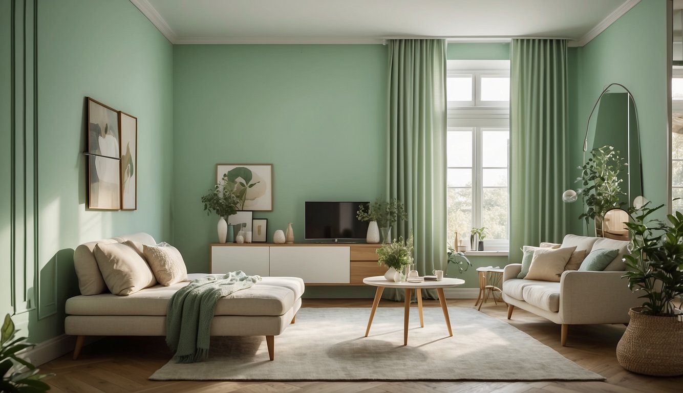 A room with mint green and cream walls, contrasting yet harmonious. Soft, natural light filters in, casting gentle shadows. Furniture and decor in complementary tones complete the serene atmosphere