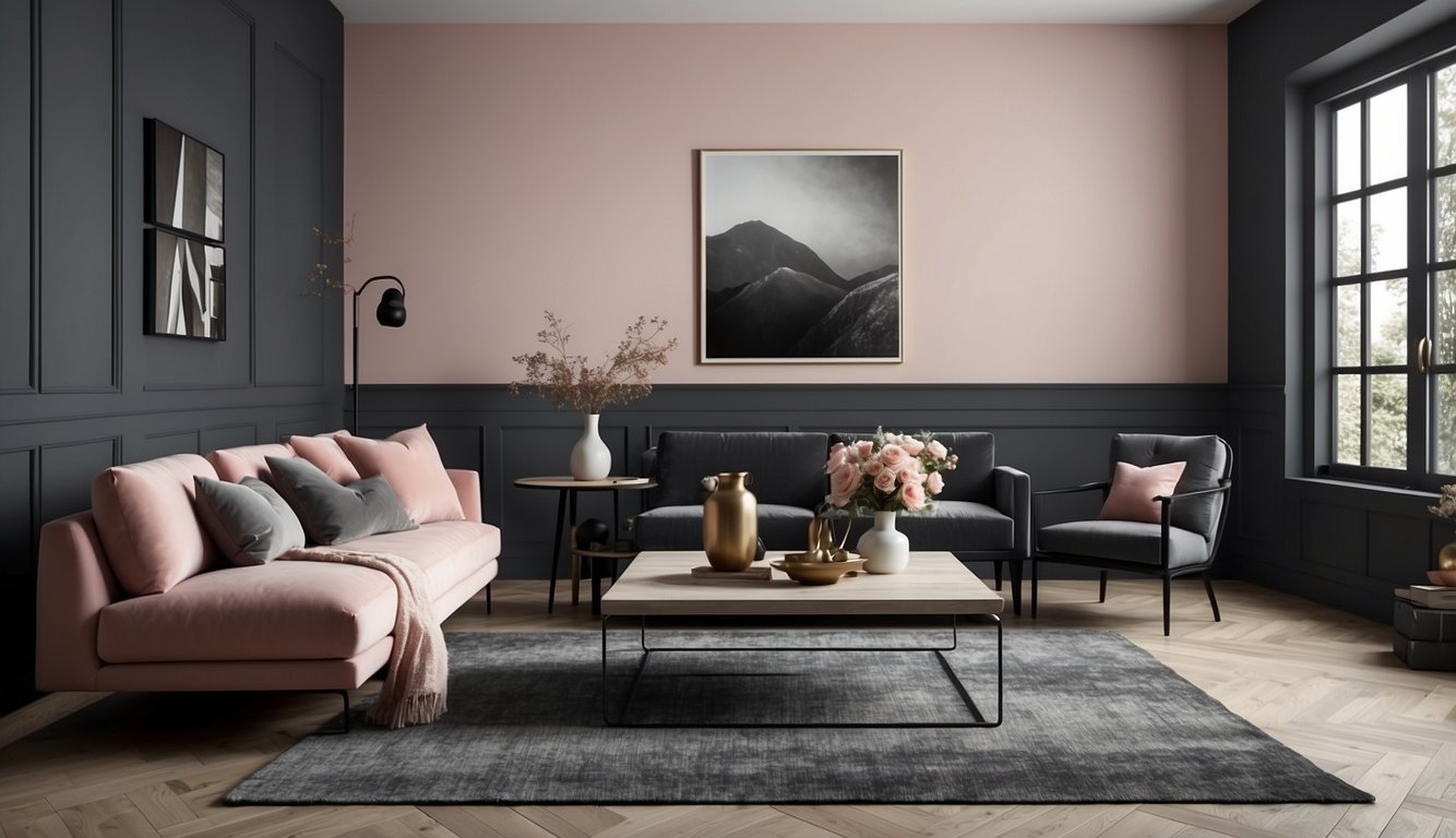 A room with blush pink walls and charcoal accents. Two-tone paint creates a modern, sophisticated look. Light plays off the contrasting colors, adding depth to the space