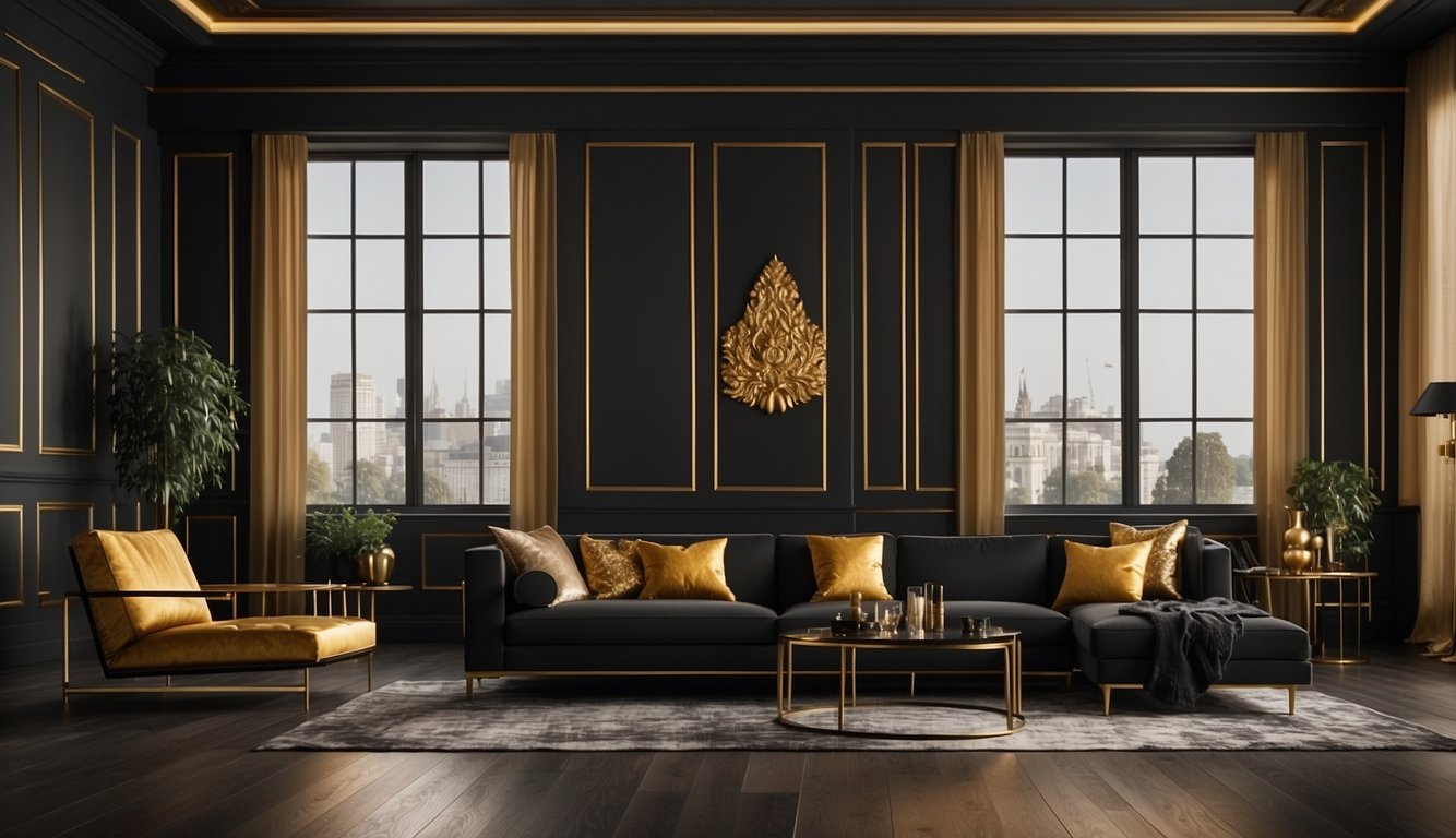 A room with black and gold two-tone painted walls, contrasting and complementing each other, creating a luxurious and elegant atmosphere