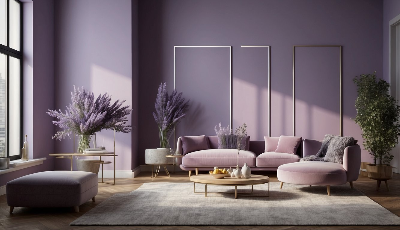 A room with lavender walls and silver accents. Soft lighting highlights the two-tone paint colors, creating a serene and elegant atmosphere