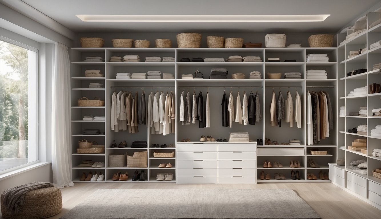 A closet interior with Whisper White paint, showcasing organization and cleanliness. Shelves neatly arranged with folded clothes and accessories. Light filtering in through a small window, casting soft shadows