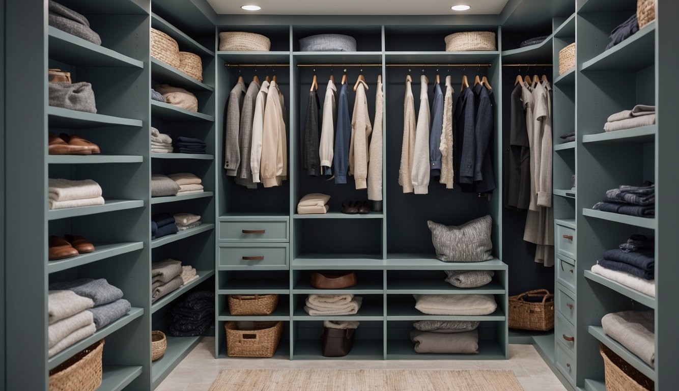 A closet interior painted in Sea Salt by Sherwin-Williams, with soft lighting and neatly organized shelves and hangers