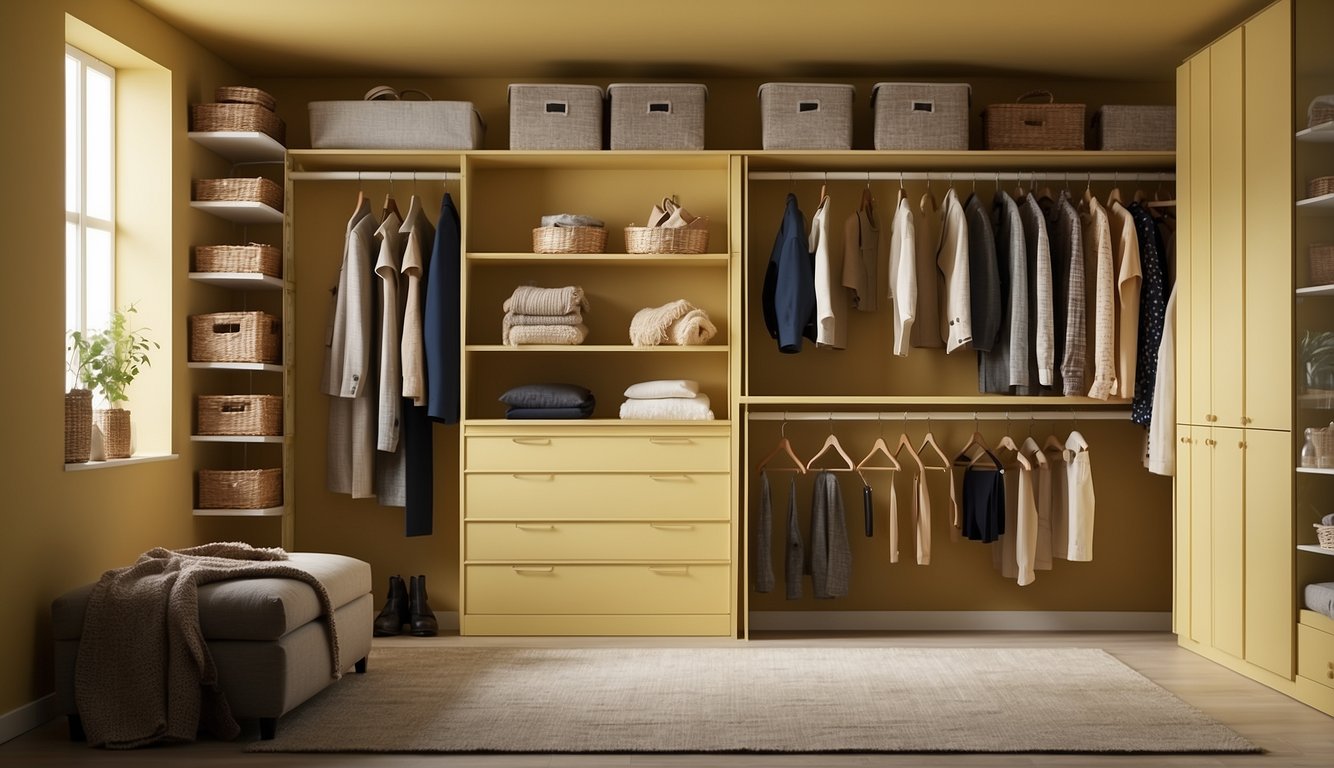 A closet interior painted in Valspar's Butter Yellow, with neatly organized shelves and hanging clothes