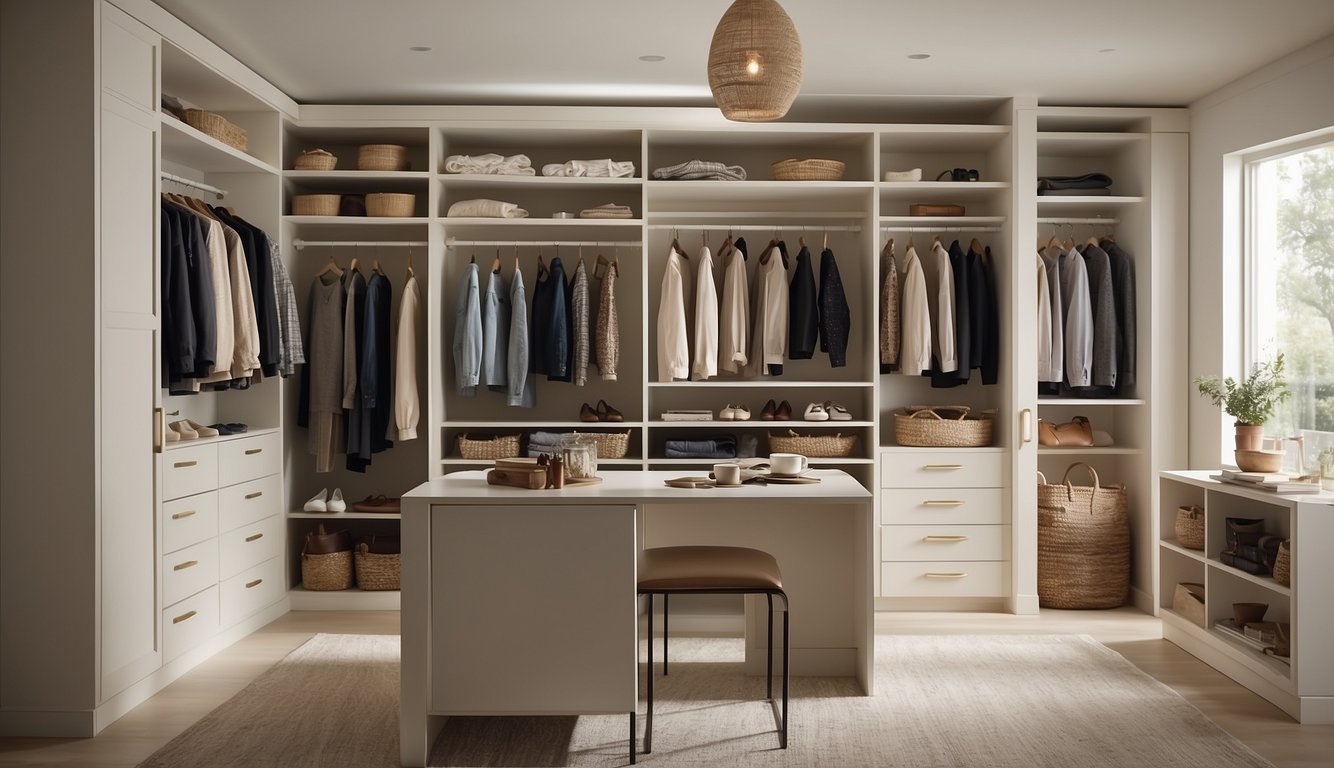 A closet interior painted in Navajo White by Behr, with neatly arranged clothes and shelves, illuminated by soft natural light