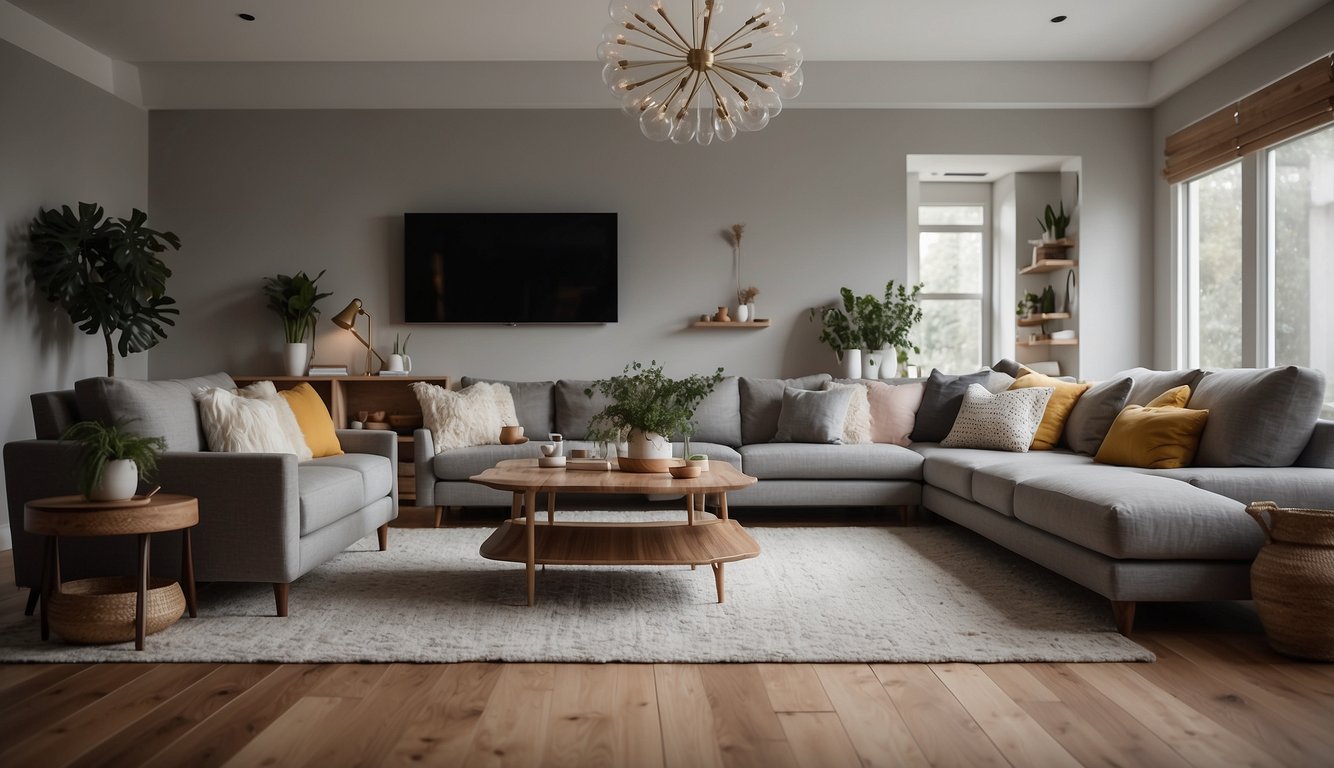 A cozy living room with Agreeable Gray walls, complemented by warm wood floors and pops of color in the furniture and decor