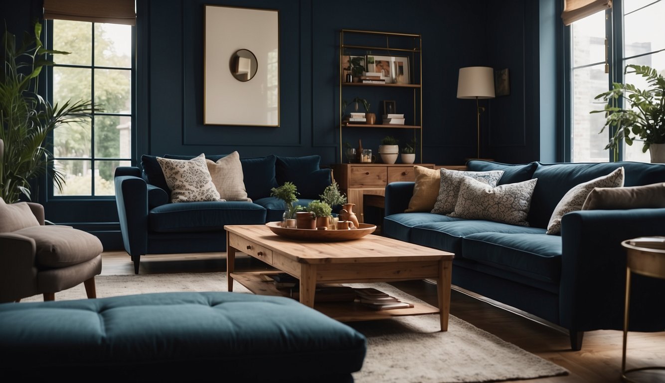 A cozy living room with Farrow & Ball Hague Blue walls, warm natural lighting, and a mix of modern and traditional furniture