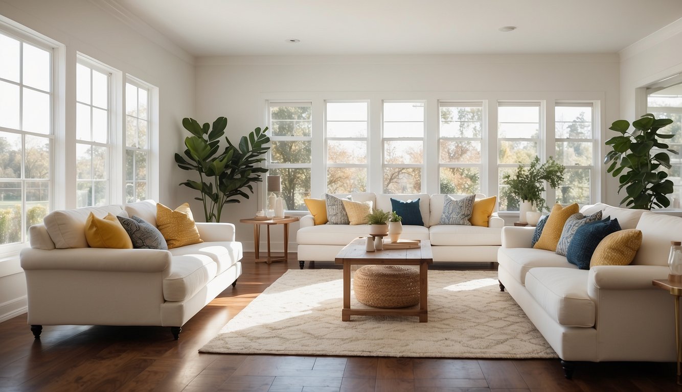 A bright, airy living room with White Dove walls, complemented by warm wood floors and pops of color in the furniture and decor