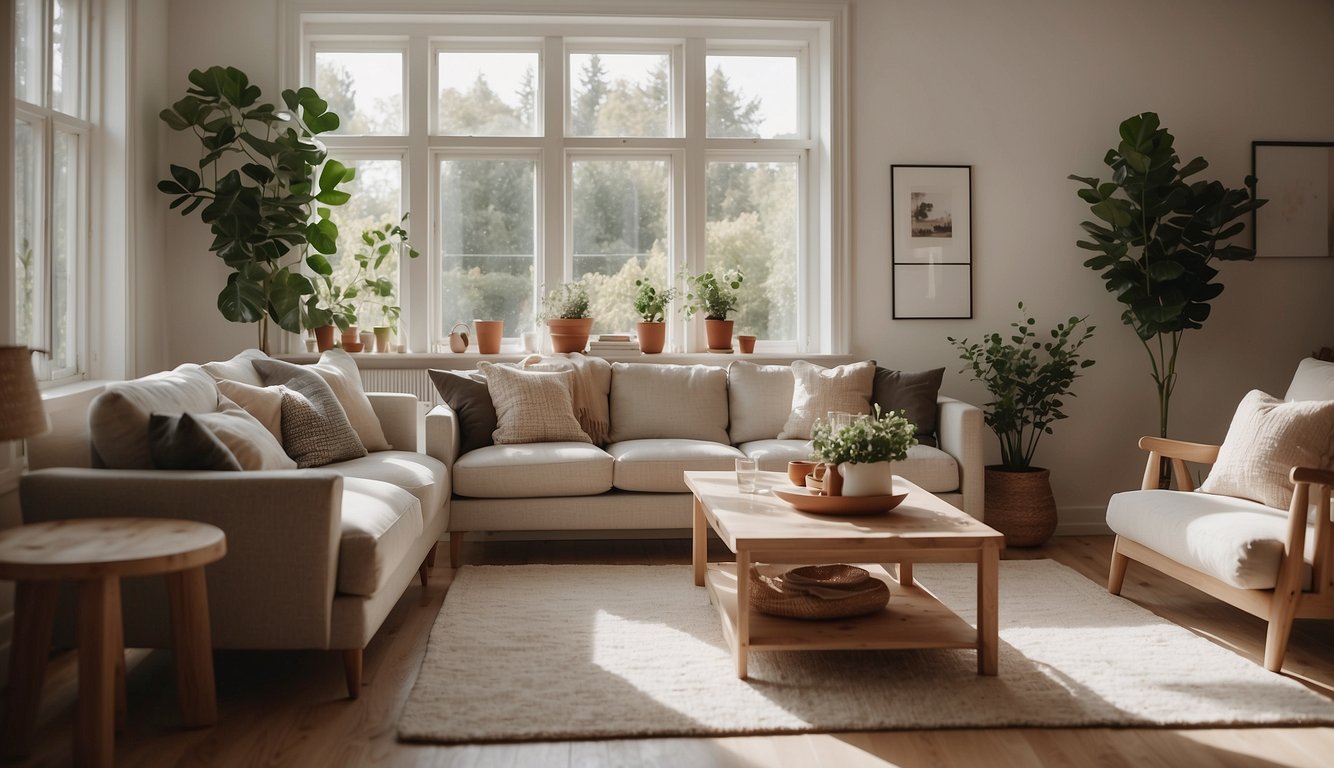 A bright, airy living room with Valspar Summer Gray 20 on the walls. Sunlight streams in through large windows, casting a warm glow on the furniture and decor