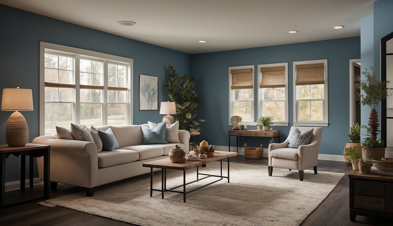 A cozy living room with Behr Blueprint walls, leading into a kitchen and hallway, all bathed in natural light